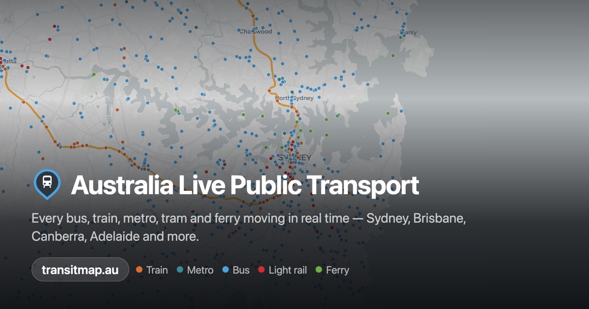 A live map of Australia showing public transport vehicles in motion.